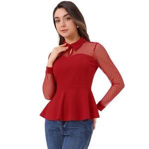 Mesh Sheer Long Sleeve Blouse Turn Down Collar Keyhole Peplum Top Red
